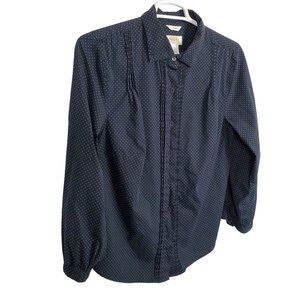 Talbots Size 1X Blouse Button Front Pin Tuck Polka Dot Stretch Career Blue